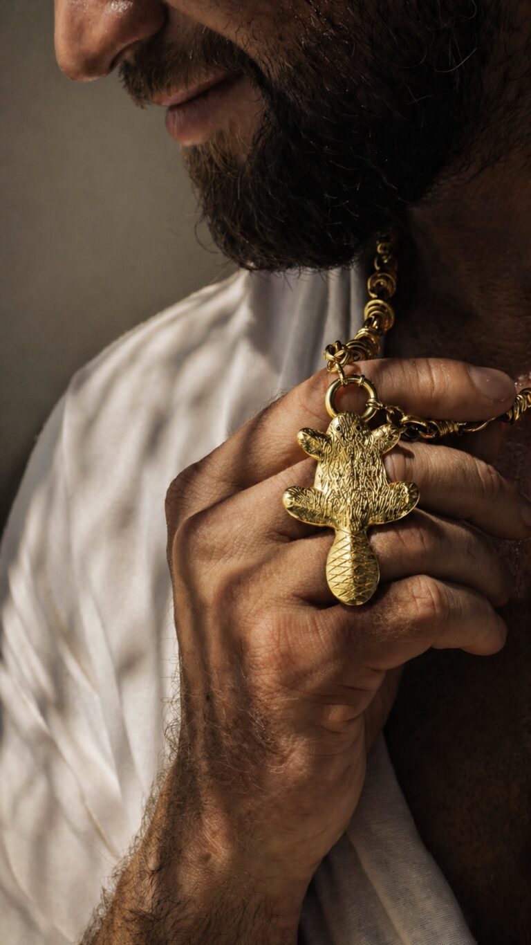 18K gold-plated brass beaver pendant on a brass chain — handmade jewelry by Frolov Jewels