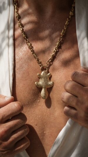 18K gold-plated brass beaver pendant on a brass chain — handmade jewelry by Frolov Jewels (view 2)