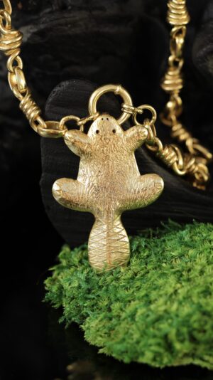 18K gold-plated brass beaver pendant on a brass chain — handmade jewelry by Frolov Jewels (view 3)
