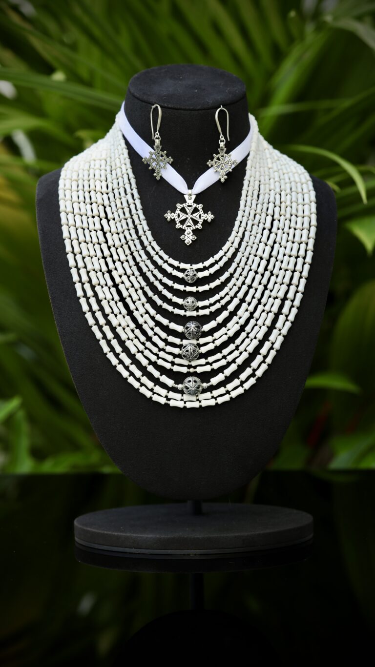 White coral necklace with signature beads, nickel-silver zgardas and silver fittings — handmade jewelry by Frolov Jewels