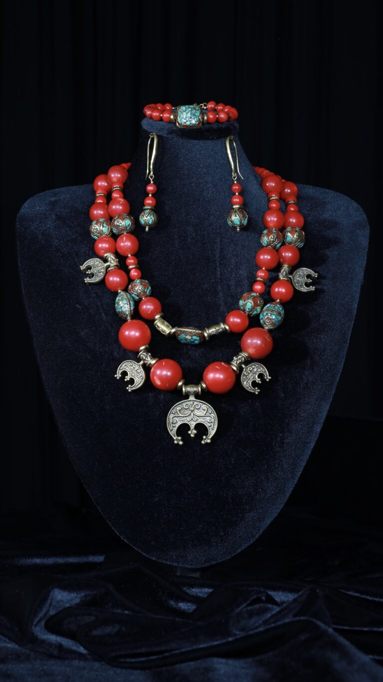 Coral necklace with Tibetan cloisonné beads and lunnytsia crescents — handmade jewelry by Frolov Jewels
