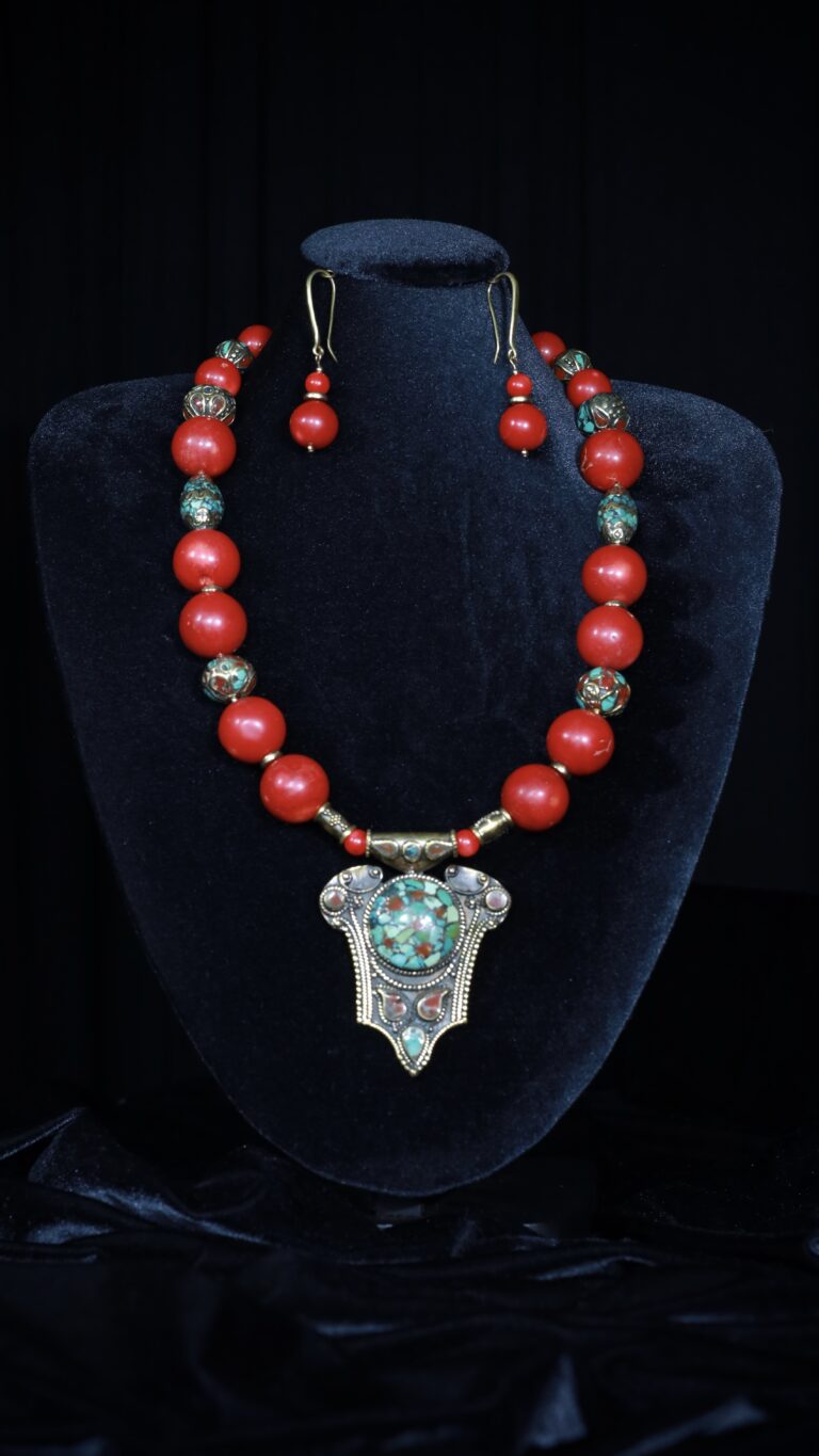 Coral necklace with Tibetan cloisonné beads and a vintage Tibetan pendant — handmade jewelry by Frolov Jewels