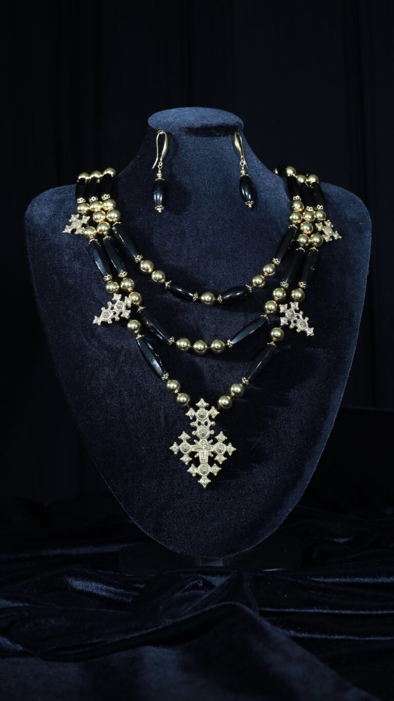 Black onyx set with tassels and zgardas — handmade jewelry by Frolov Jewels