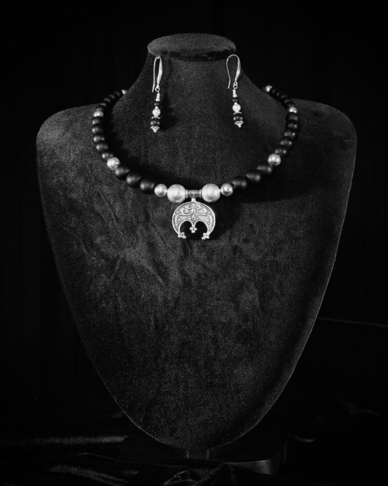 Black onyx choker with silver beads and a silver lunnytsia crescent — handmade jewelry by Frolov Jewels