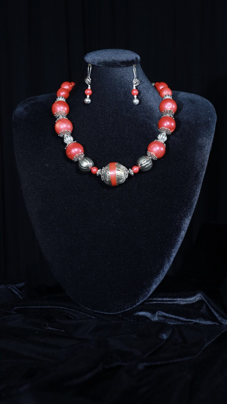 Coral necklace with antique beads and silver fittings — handmade jewelry by Frolov Jewels