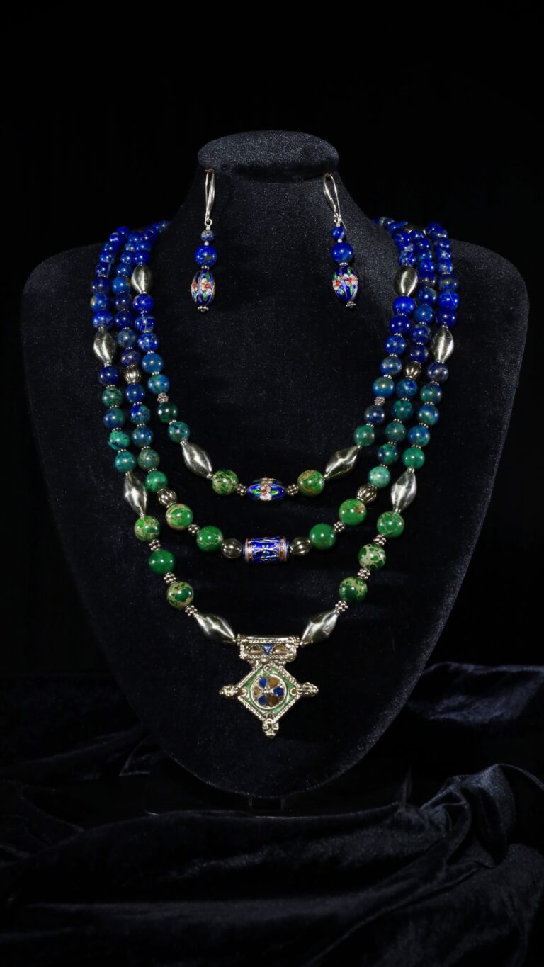 Lapis lazuli necklace with a vintage Tibetan pendant — handmade jewelry by Frolov Jewels