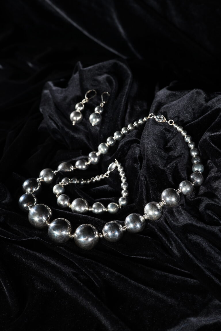 Necklace of polished silver spheres — handmade jewelry by Frolov Jewels