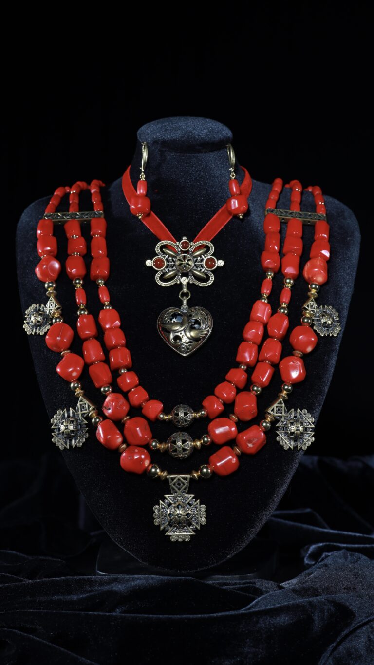 Three-strand red coral set with “Azhurni” openwork zgardas and a dukach medallion — handmade jewelry by Frolov Jewels