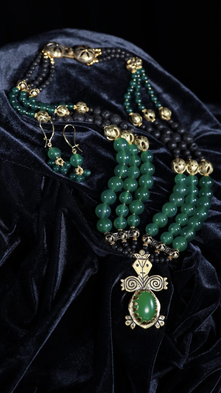 Nephrite jade necklace with a large Berehynia pendant — handmade jewelry by Frolov Jewels