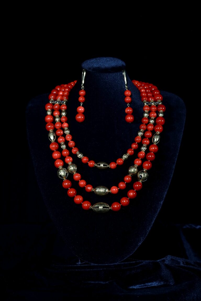 Three-strand necklace of round red corals and brass beads — handmade jewelry by Frolov Jewels