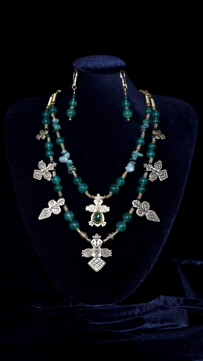 Nephrite jade necklace with a small Berehynia pendant — handmade jewelry by Frolov Jewels
