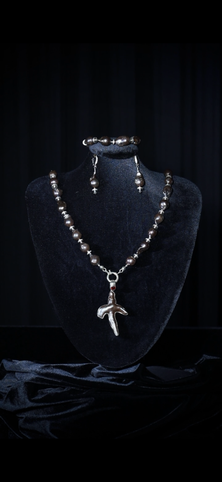 Single-strand black baroque pearl necklace with a pearl cross pendant — handmade jewelry by Frolov Jewels