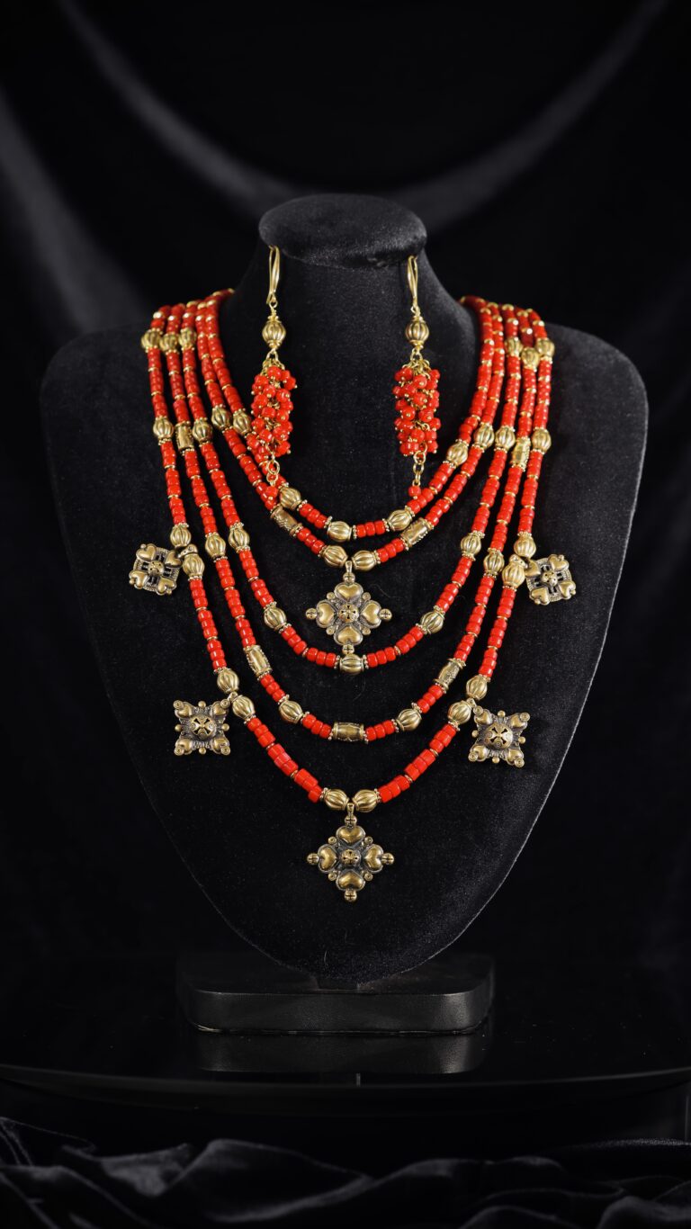 Red coral necklace with brass zgardas — handmade jewelry by Frolov Jewels