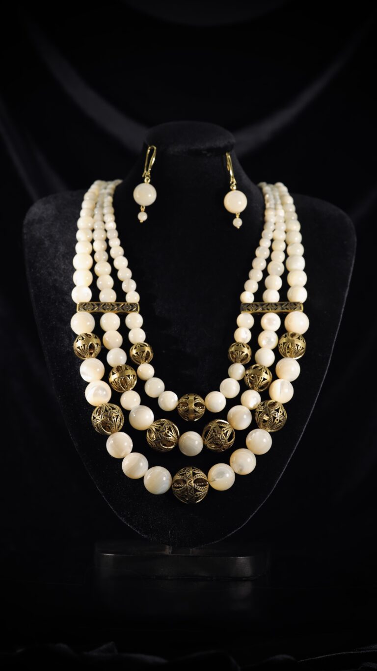 Three-strand mother-of-pearl necklace with brass beads — handmade jewelry by Frolov Jewels
