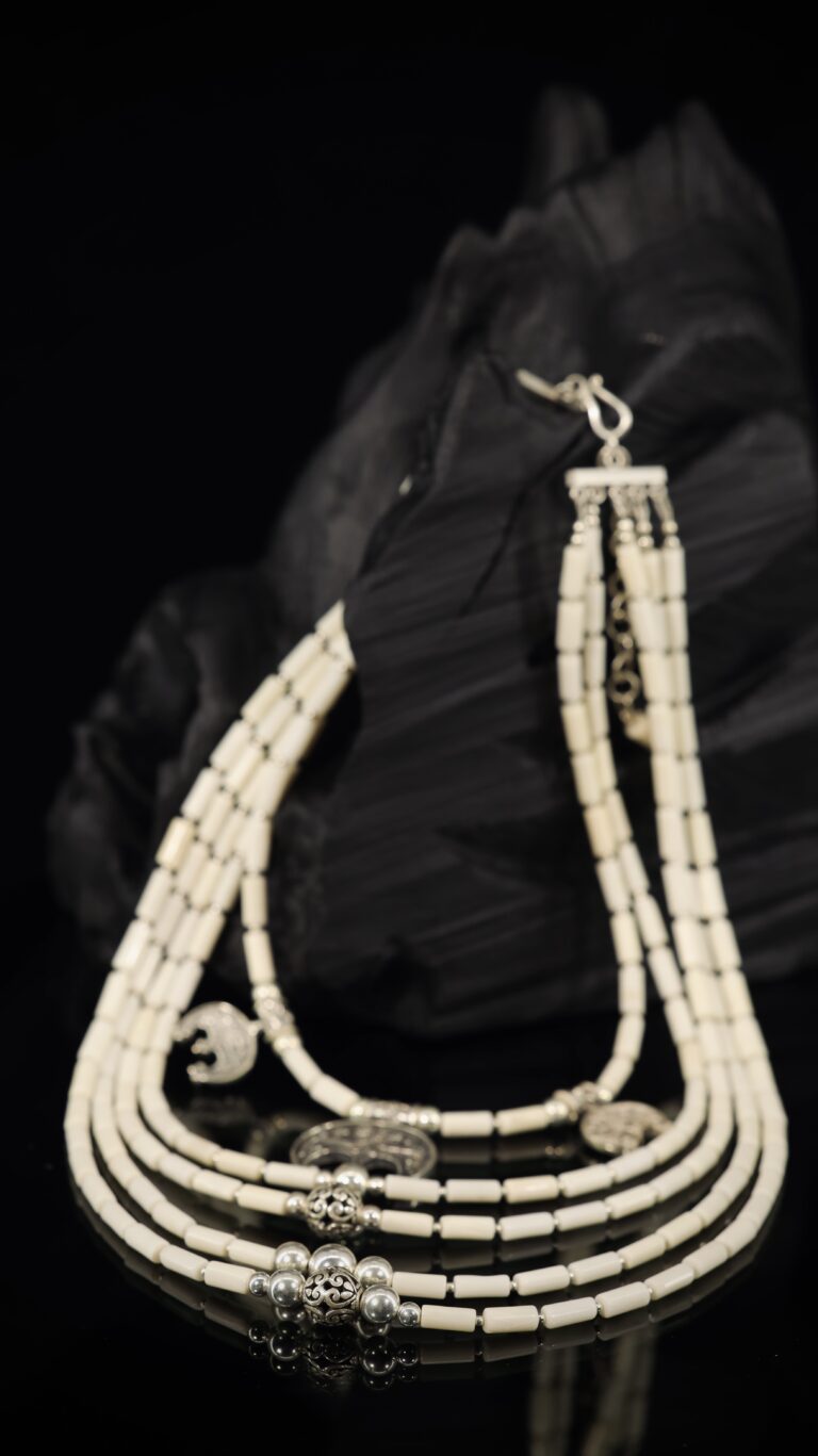 White coral necklace with silver lunnytsia crescents — handmade jewelry by Frolov Jewels (view 4)