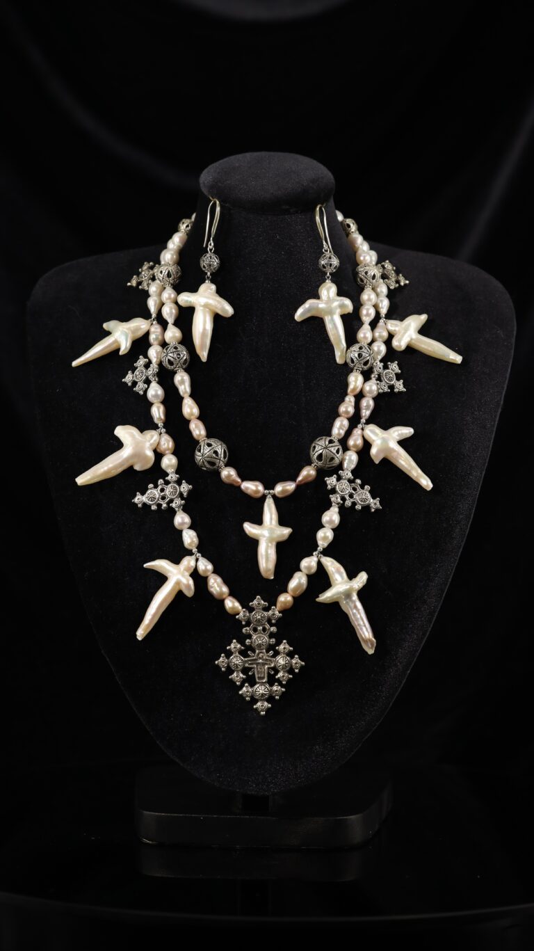 Necklace of cross-shaped pearls — handmade jewelry by Frolov Jewels