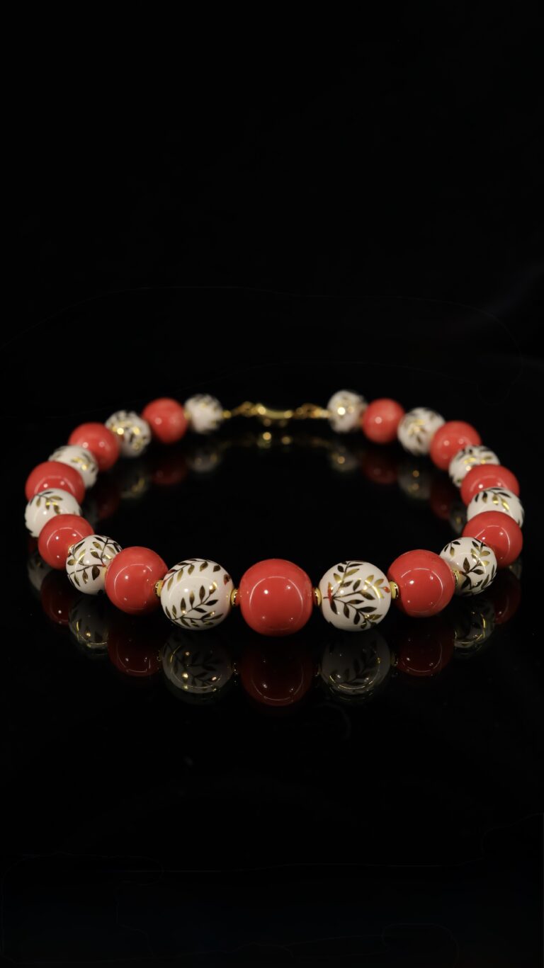 Ceramic necklace with hand-painted gilded and red beads — handmade jewelry by Frolov Jewels