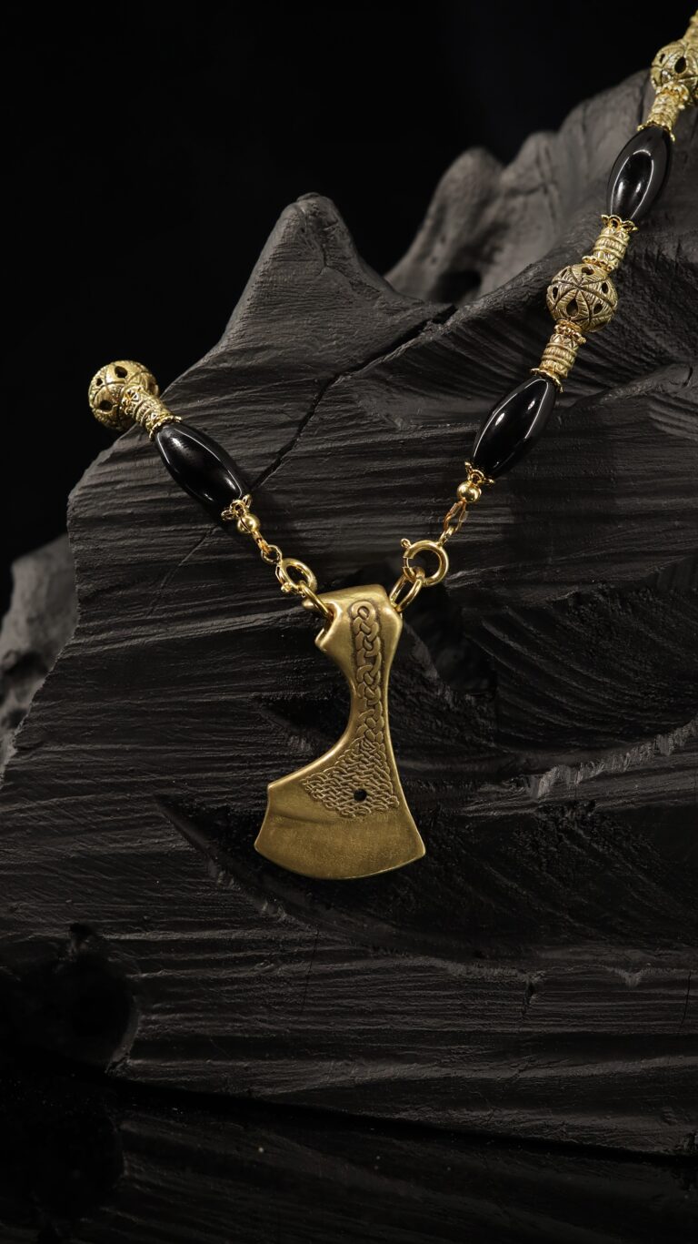 Black onyx necklace with a brass axe pendant — handmade jewelry by Frolov Jewels