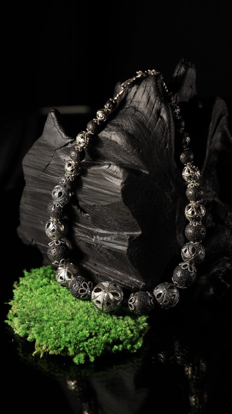 Black vulcanite necklace with FJ nickel-silver beads — handmade jewelry by Frolov Jewels