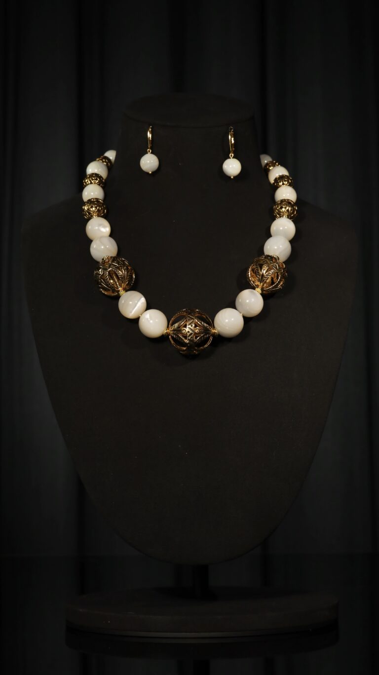 Mother-of-pearl necklace with gold-plated FJ beads — handmade jewelry by Frolov Jewels