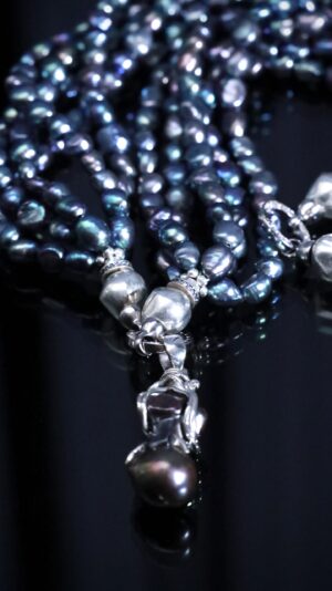Black baroque pearl necklace with a pearl pendant — handmade jewelry by Frolov Jewels (view 4)