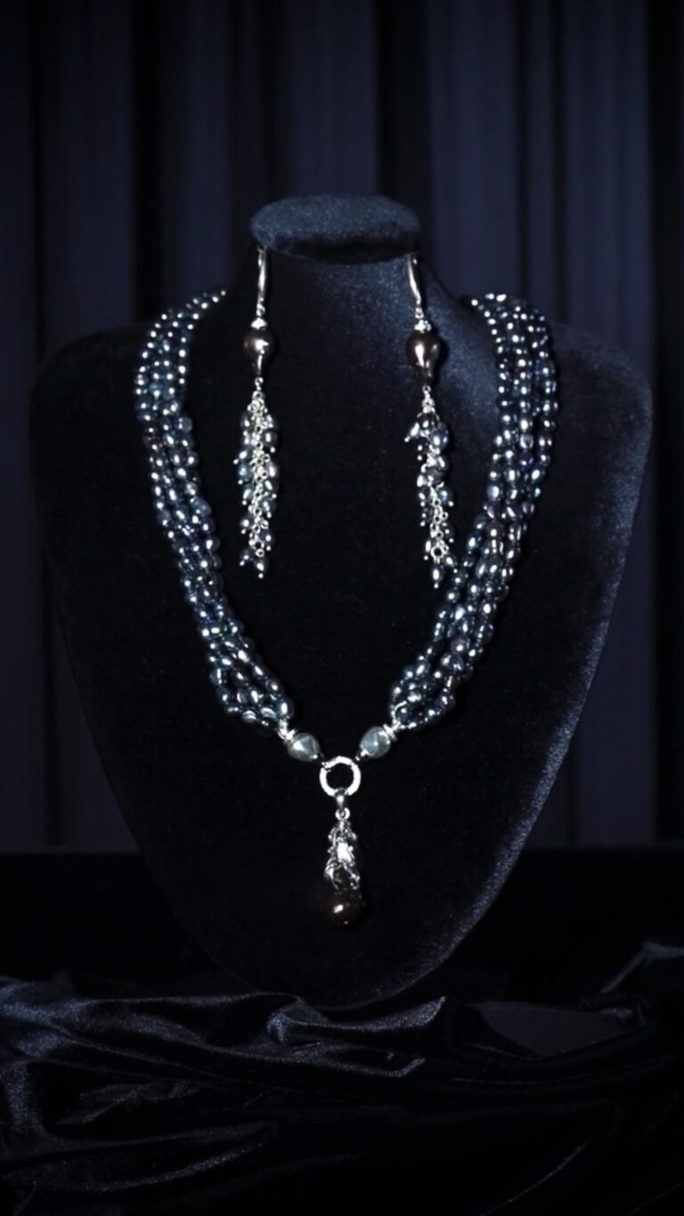 Black baroque pearl necklace with a pearl pendant — handmade jewelry by Frolov Jewels (view 7)