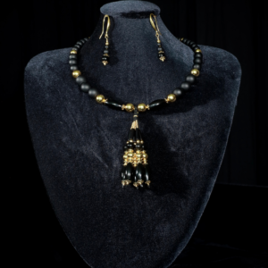 Black onyx choker with gold-plated beads and tassels — handmade jewelry by Frolov Jewels