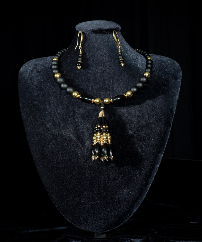 Black onyx choker with gold-plated beads and tassels — handmade jewelry by Frolov Jewels