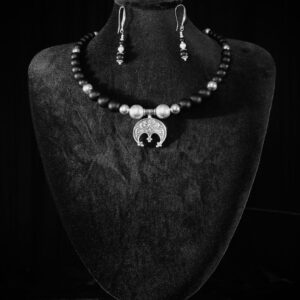 Black onyx choker with silver beads and a silver lunnytsia crescent — handmade jewelry by Frolov Jewels