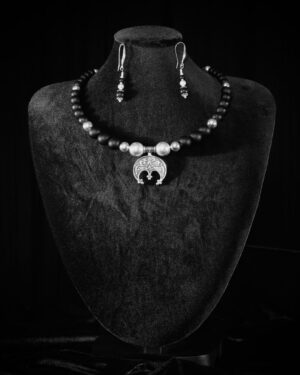 Black onyx choker with silver beads and a silver lunnytsia crescent — handmade jewelry by Frolov Jewels