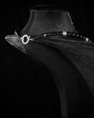 Black onyx choker with silver beads and a silver lunnytsia crescent — handmade jewelry by Frolov Jewels (view 3)