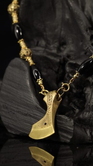 Black onyx necklace with a brass axe pendant — handmade jewelry by Frolov Jewels (view 2)