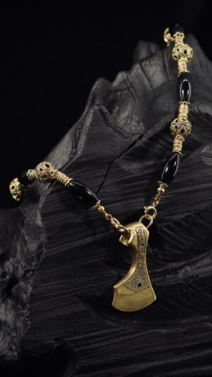 Black onyx necklace with a brass axe pendant — handmade jewelry by Frolov Jewels (view 3)