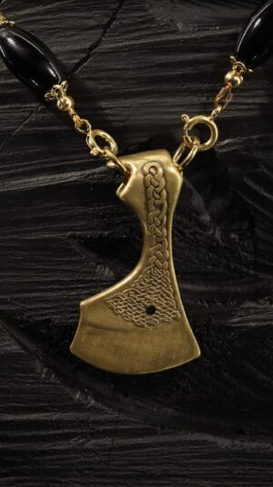 Black onyx necklace with a brass axe pendant — handmade jewelry by Frolov Jewels (view 4)
