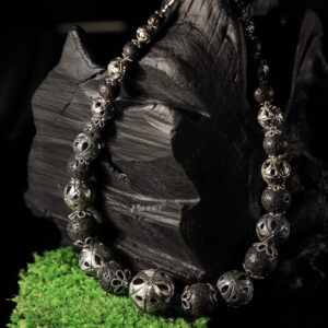 Black vulcanite necklace with FJ nickel-silver beads — handmade jewelry by Frolov Jewels