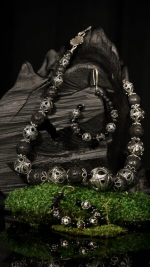 Black vulcanite necklace with FJ nickel-silver beads — handmade jewelry by Frolov Jewels (view 2)