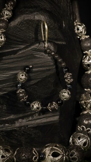 Black vulcanite necklace with FJ nickel-silver beads — handmade jewelry by Frolov Jewels (view 3)