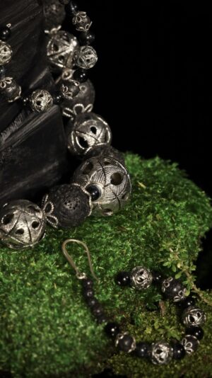 Black vulcanite necklace with FJ nickel-silver beads — handmade jewelry by Frolov Jewels (view 4)