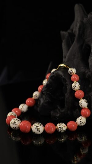 Ceramic necklace with hand-painted gilded and red beads — handmade jewelry by Frolov Jewels (view 2)