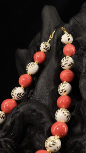 Ceramic necklace with hand-painted gilded and red beads — handmade jewelry by Frolov Jewels (view 3)