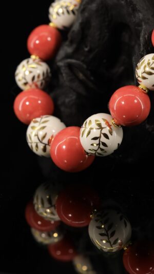 Ceramic necklace with hand-painted gilded and red beads — handmade jewelry by Frolov Jewels (view 4)