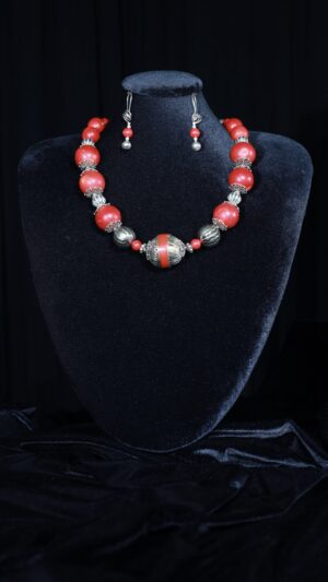 Coral necklace with antique beads and silver fittings — handmade jewelry by Frolov Jewels