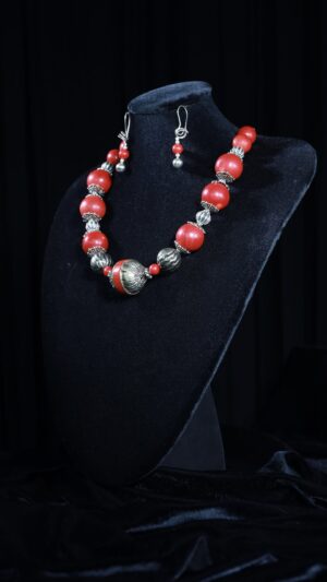 Coral necklace with antique beads and silver fittings — handmade jewelry by Frolov Jewels (view 2)