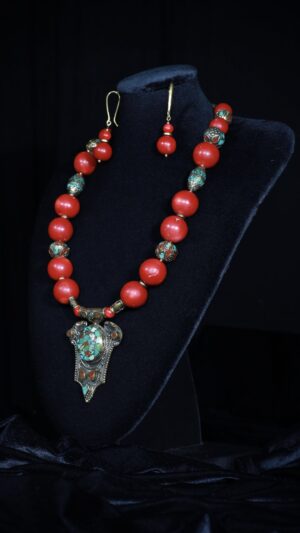 Coral necklace with Tibetan cloisonné beads and a vintage Tibetan pendant — handmade jewelry by Frolov Jewels (view 2)