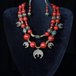Coral necklace with Tibetan cloisonné beads and lunnytsia crescents — handmade jewelry by Frolov Jewels