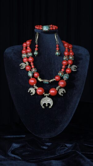 Coral necklace with Tibetan cloisonné beads and lunnytsia crescents — handmade jewelry by Frolov Jewels