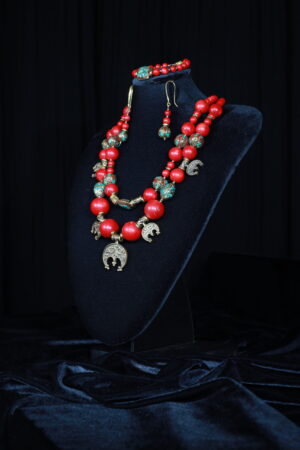 Coral necklace with Tibetan cloisonné beads and lunnytsia crescents — handmade jewelry by Frolov Jewels (view 2)