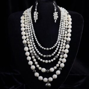 Five-strand necklace of round white corals — handmade jewelry by Frolov Jewels