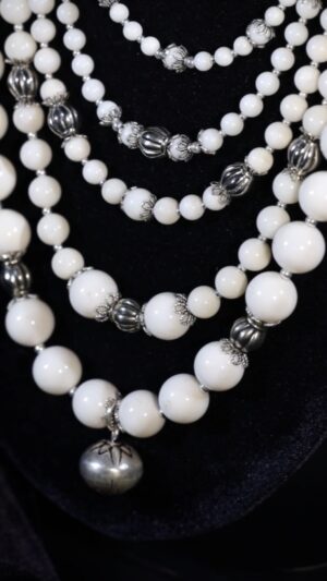 Five-strand necklace of round white corals — handmade jewelry by Frolov Jewels (view 2)