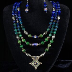 Lapis lazuli necklace with a vintage Tibetan pendant — handmade jewelry by Frolov Jewels
